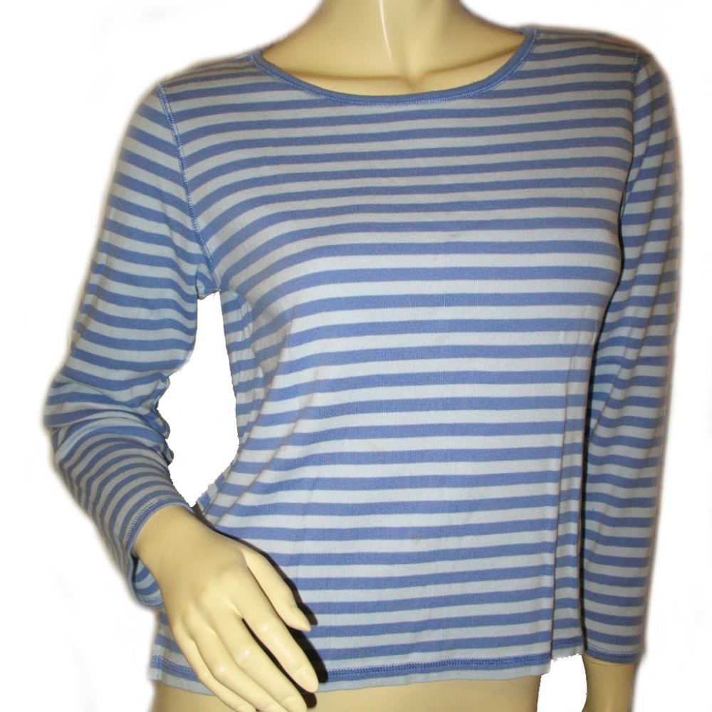 Vintage 90s Liz Claiborne Blue Striped 3/4 Sleeve Top S Grannycore Casual Travel